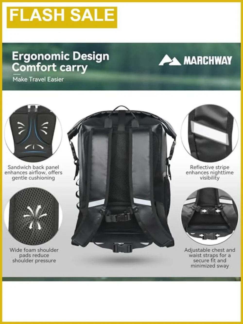 MARCHWAY Roll Top Waterproof Backpack 20L Rugged Hiking Dry Bag